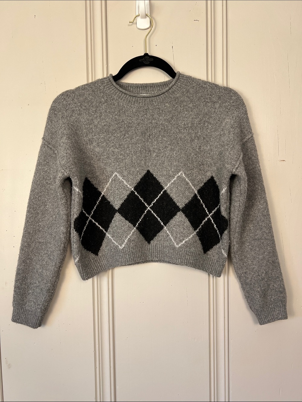 Cropped Grey Argyle Crewneck Sweater